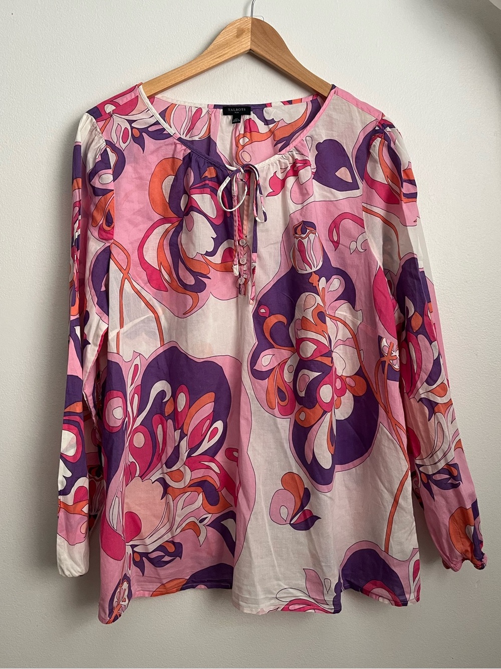 Talbots Gathered Tie Neck Top Abstract Floral Paisley Blouse 2X 70’s Boho - Picture 2 of 12